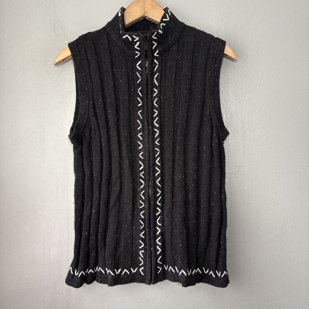 Wool Blend Sweater Vest Size Medium Black Ribbed Knit Cabincore Heritage Country